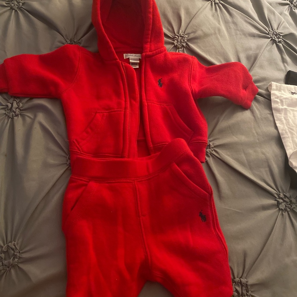 Red Polo baby boy sweat suit set.